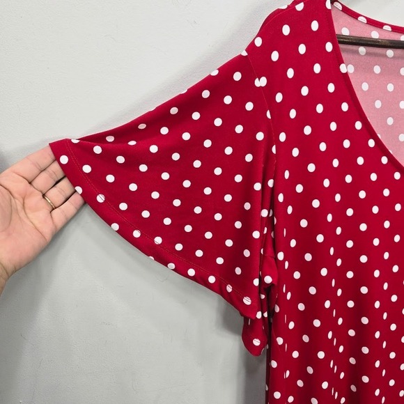 Susan Graver Midi Dress 2XP‎ Red Polka Dot V Neck Flutter Sleeve Liquid Knit - Picture 8 of 9